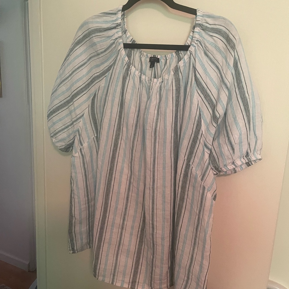 Talbots Linen Aqua and Forrest Green Striped  White Blouse